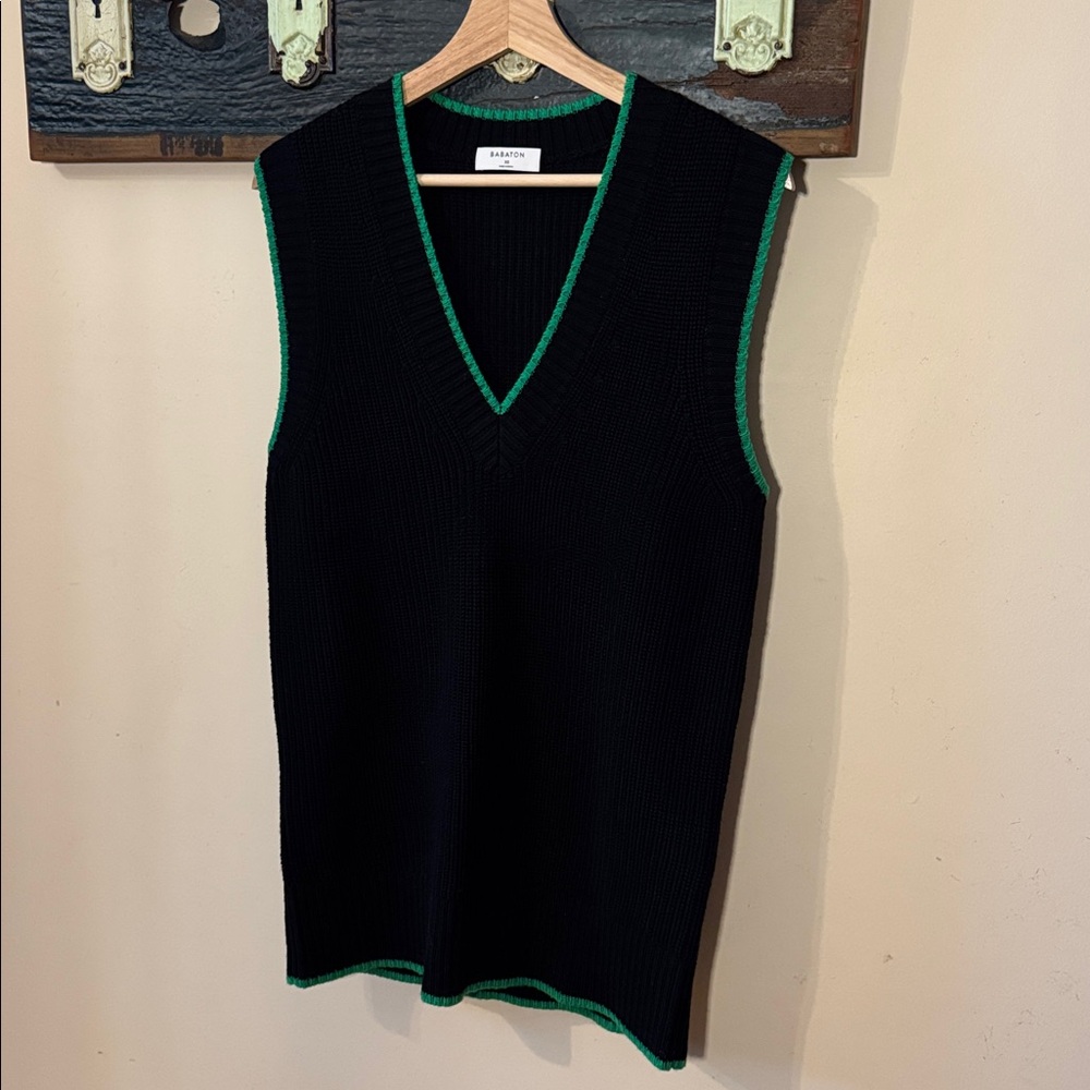 Babaton Sherman Black Knit V-Neck Sleeveless Relaxed Fit Sweater with Green Trim - Picture 5 of 16
